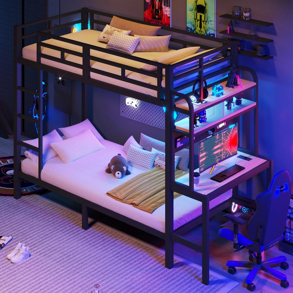 Letto a castello 90 × 200 cm con scrivania, ripiani, LED e USB, con barriera di sicurezza, senza materasso, nero