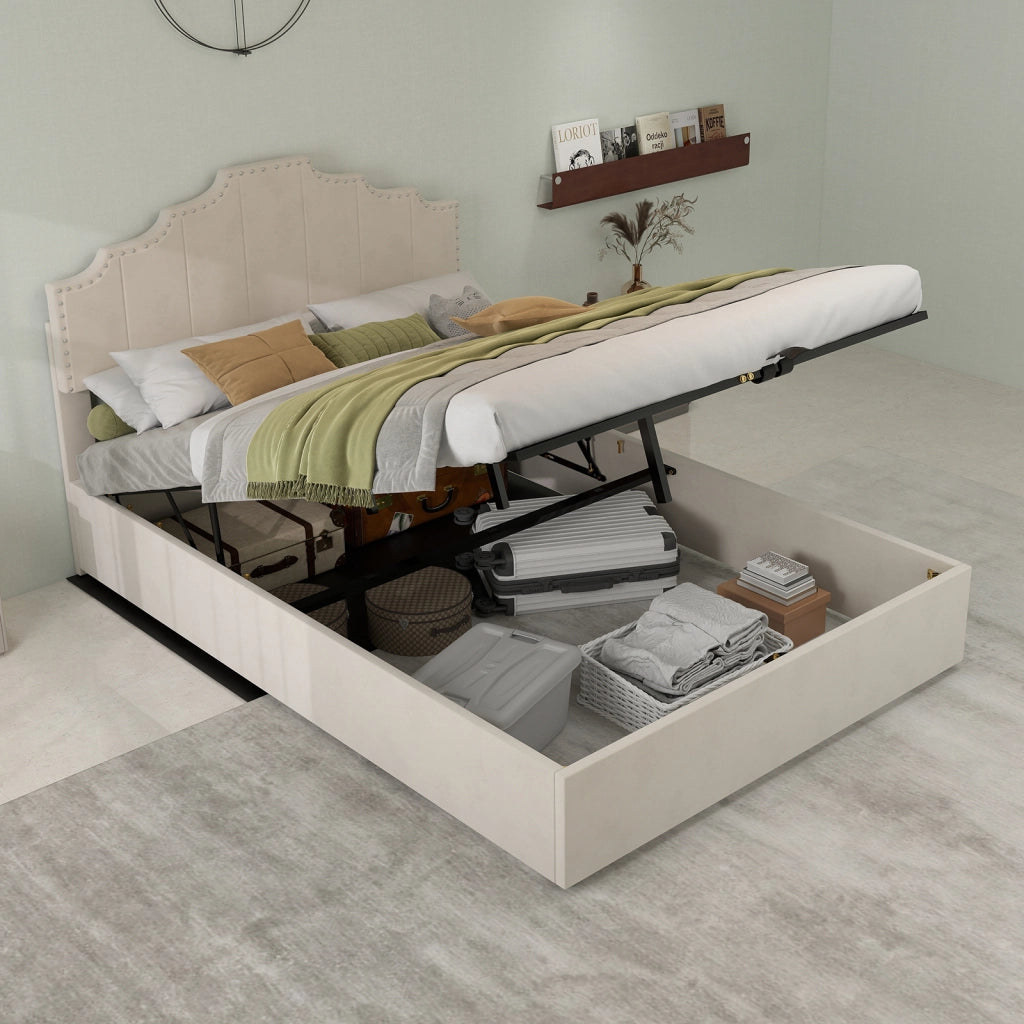 Letto Contenitore Imbottito ¨C MINIMAL ¨C Testiera Morbida, Beige, 140x200