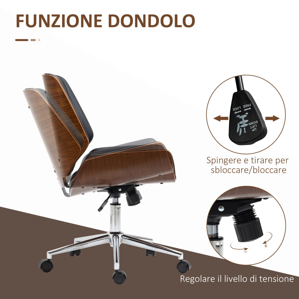Sedia da Ufficio Vintage Imbottita. in Finta Pelle. Legno e Acciaio. 53x60x86-96 cm. Nero e Marrone Scuro