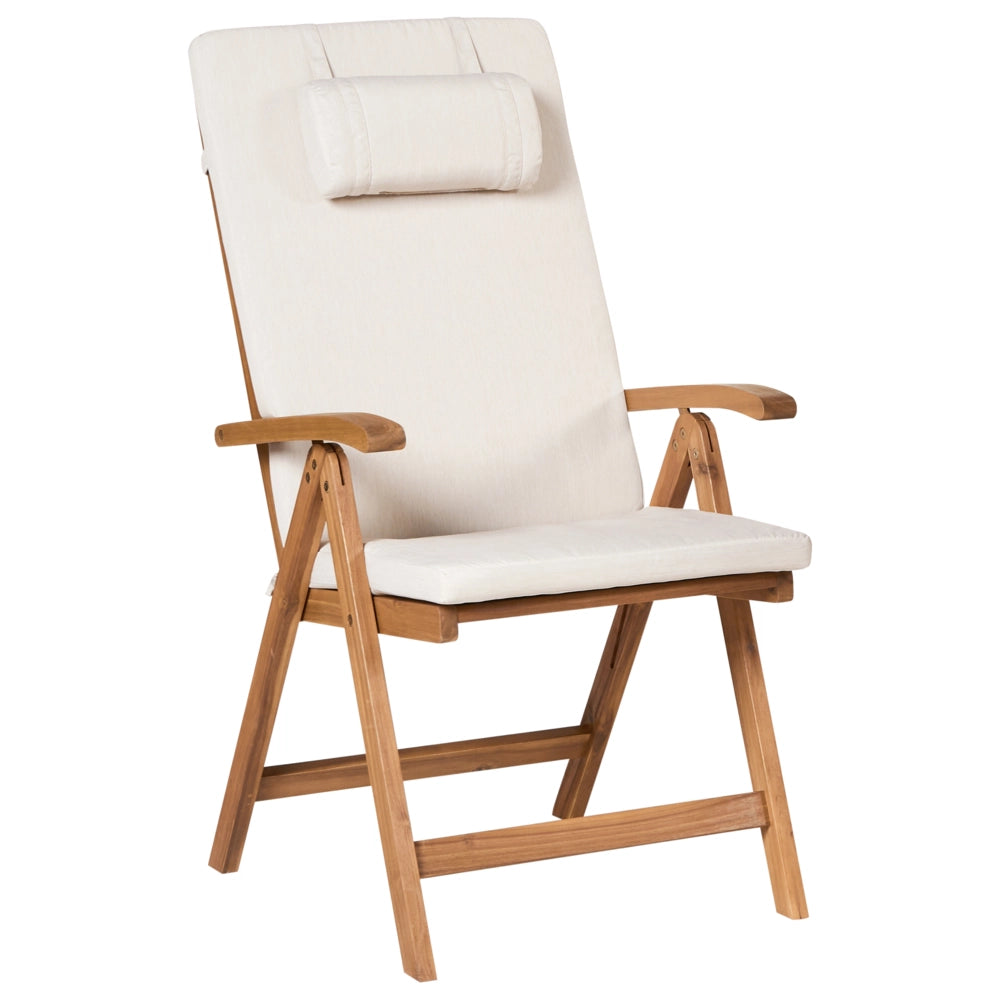 Set da pranzo da giardino a 6 posti in legno di acacia e sedie pieghevoli con cuscini beige chiaro regolabili per esterni in stile country