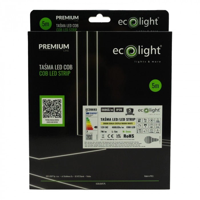 Striscia LED COB 480 7W/m 3000K IP20 12V 5m dimmerabile Ecolight