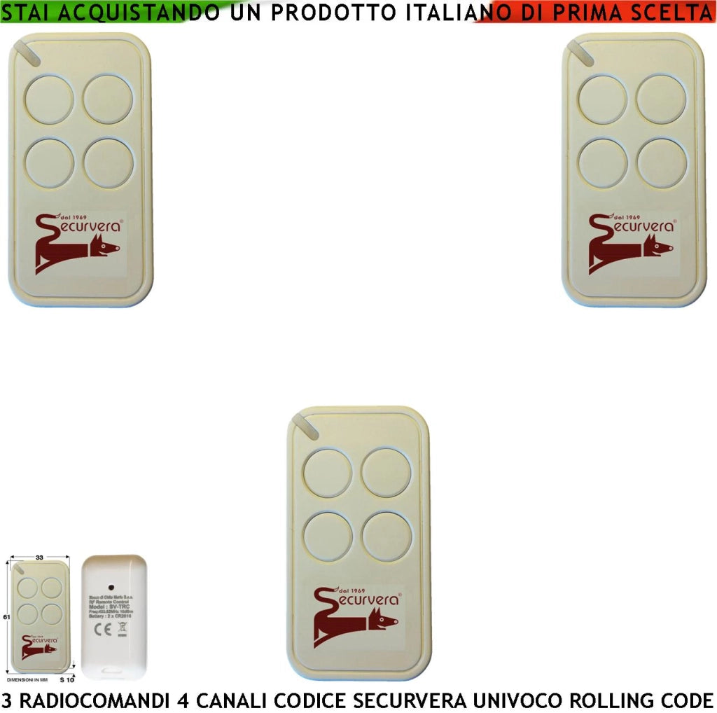 Comandoradio 3 Telecomandi 4 canali Frequenza di Trasmissione 433,92 MHz Potenza Trasmessa 1 mW Codifica di Sicurezza Univoca Securvera Led Segnalazione