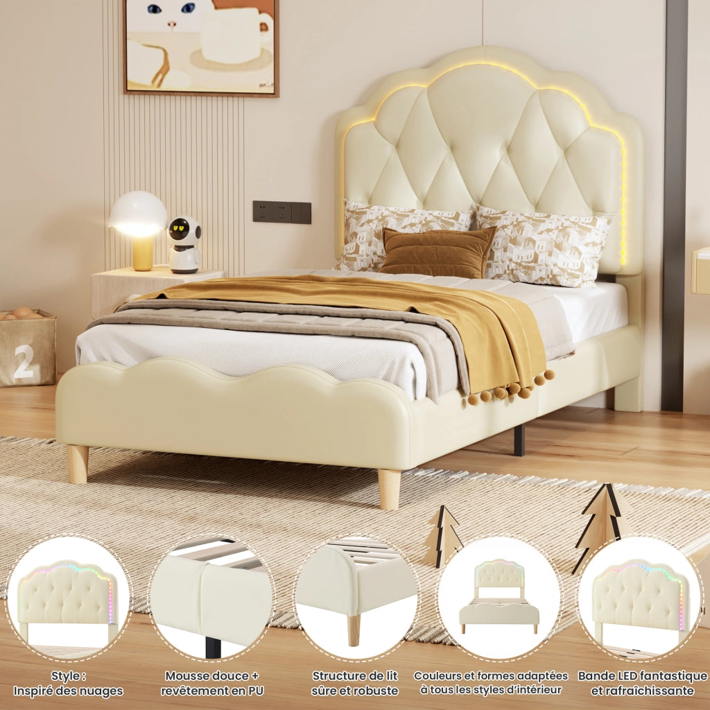 Letto per Bambini Letto Singolo con LED Multicolore e Testiera Ondulata 90×200 cm; senza Materasso; PU; Beige