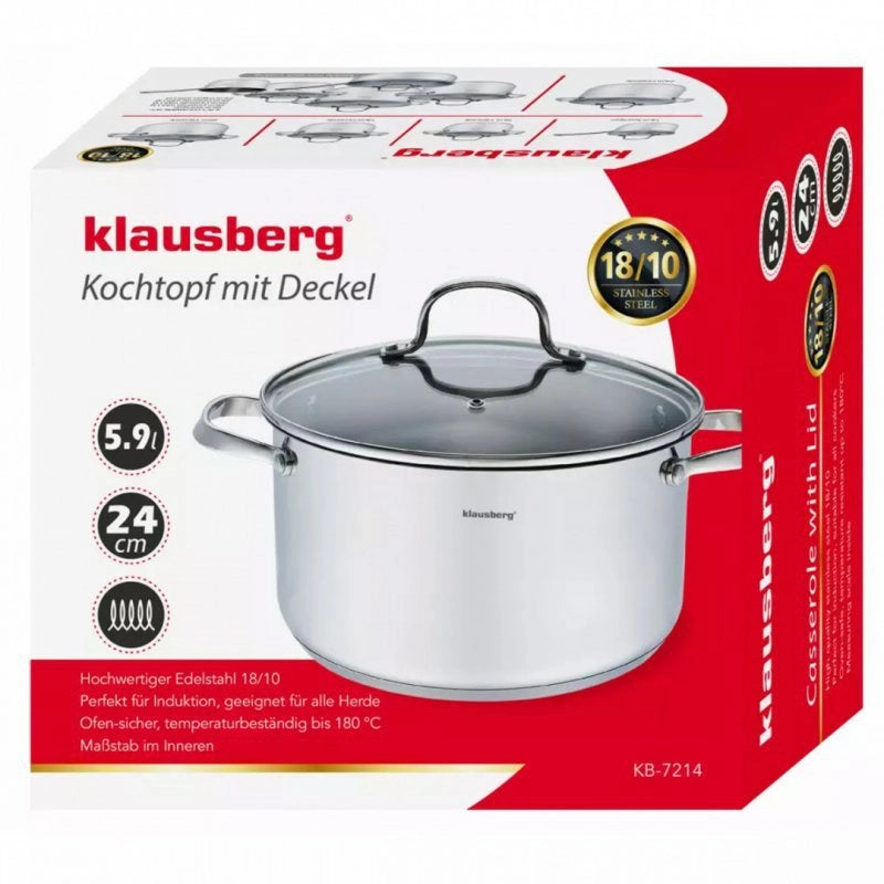 Klausberg KB-7214 Pentola in acciaio inox con coperchio da 5,9 l per tutti i piani cottura