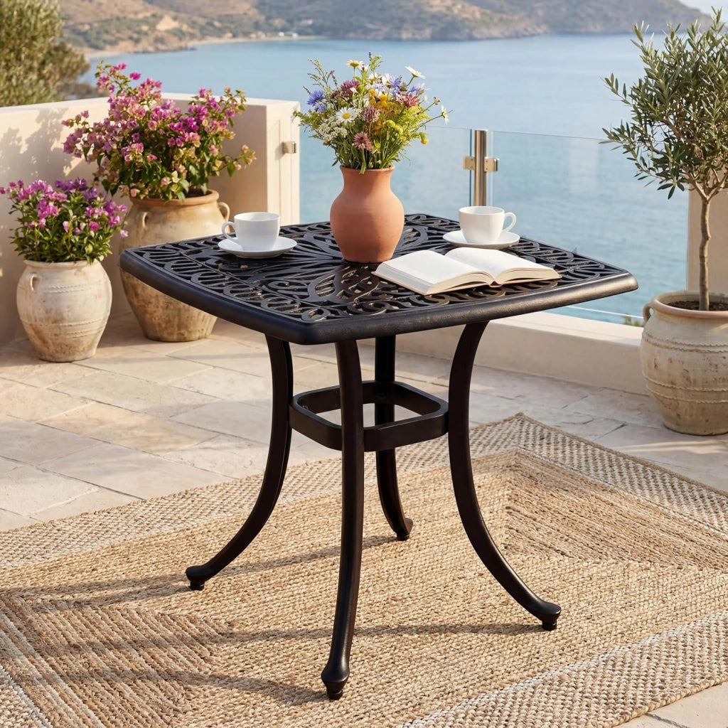 Tavolo da giardino con foro per ombrellone e motivo floreale decorativo, in alluminio pressofuso resistente alle intemperie, per gazebo, balcone e cortile, 54 x 54 x 53 cm