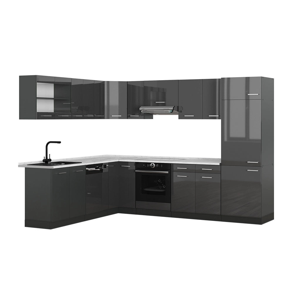 Cucina angolare completa R-Line Antracite lucido/Antracite 287 x 227 cm, PL Marmo Vicco