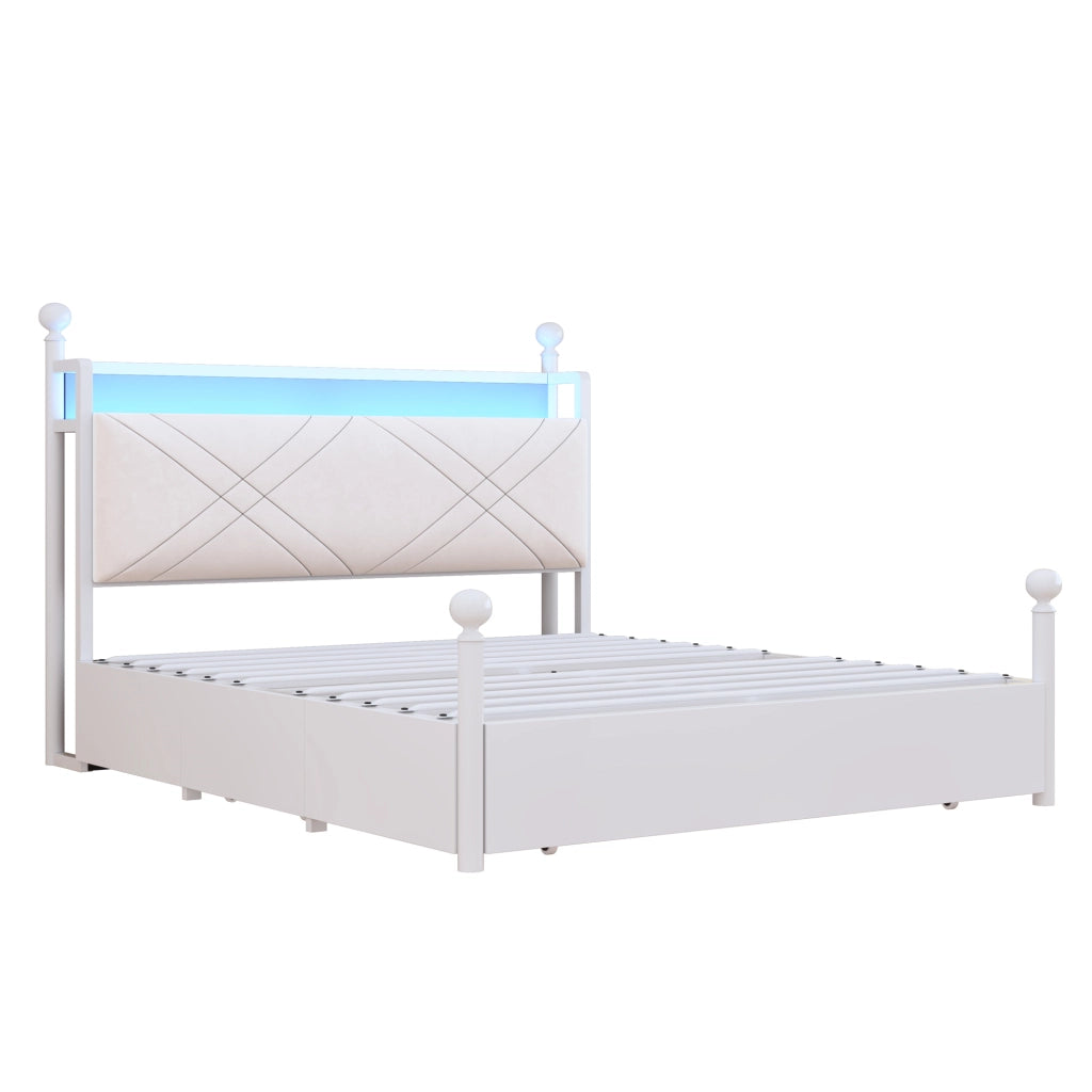 Letto Matrimoniale Contenitore con Baldacchino ¨C MINIMAL ¨C Bianco, LED, 140x190, 3 Cassetti