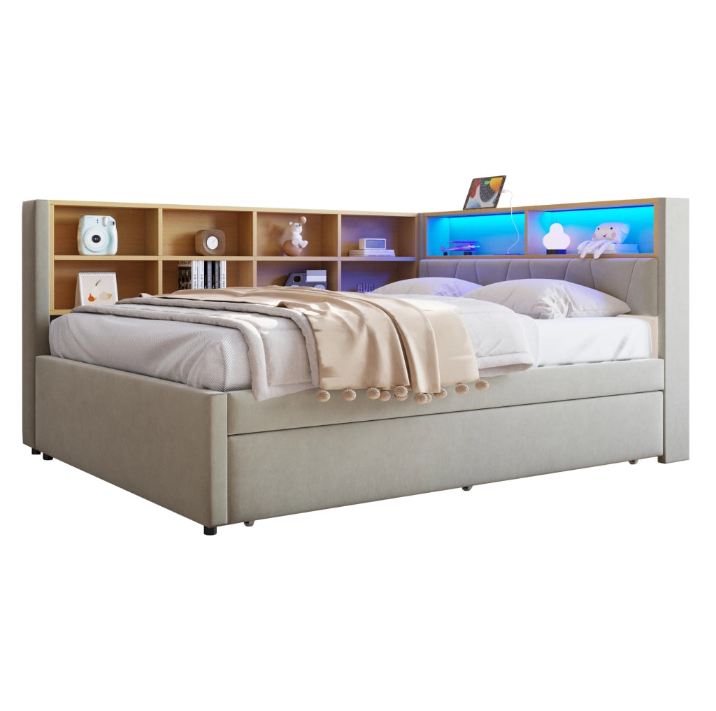 Divano letto 140x200 cm con letto estraibile; LED e vani portaoggetti in flanella grigio chiaro