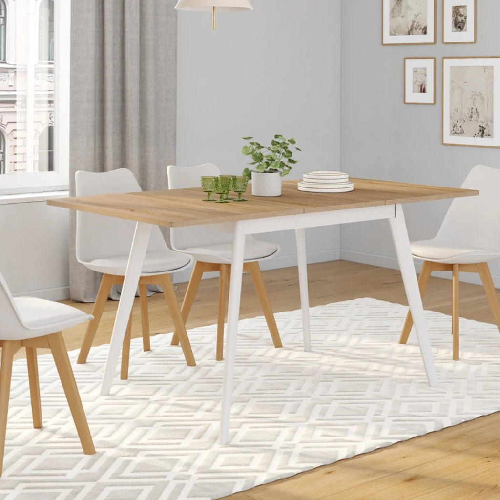 IDMarket - Tavolo rettangolare allungabile scandinavo INGA, 4-8 persone, piano in legno, gambe bianche 110-150 cm