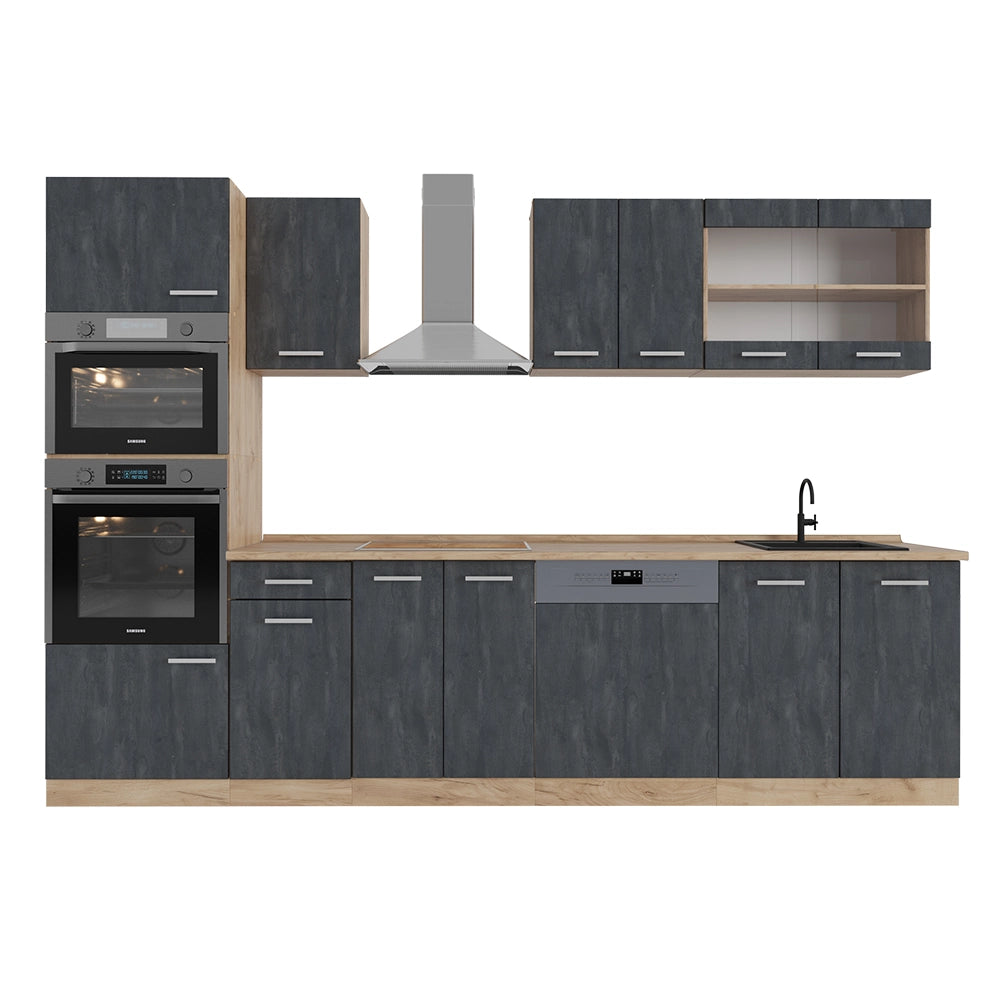 Vicco Cucina componibile Calcestruzzo nero/quercia dorata 300 cm senza piano di lavoro