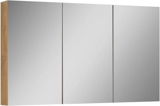Specchio per bagno in stile di quercia, 120 cm di larghezza, con 4 porte e grande capacità di stoccaggio.