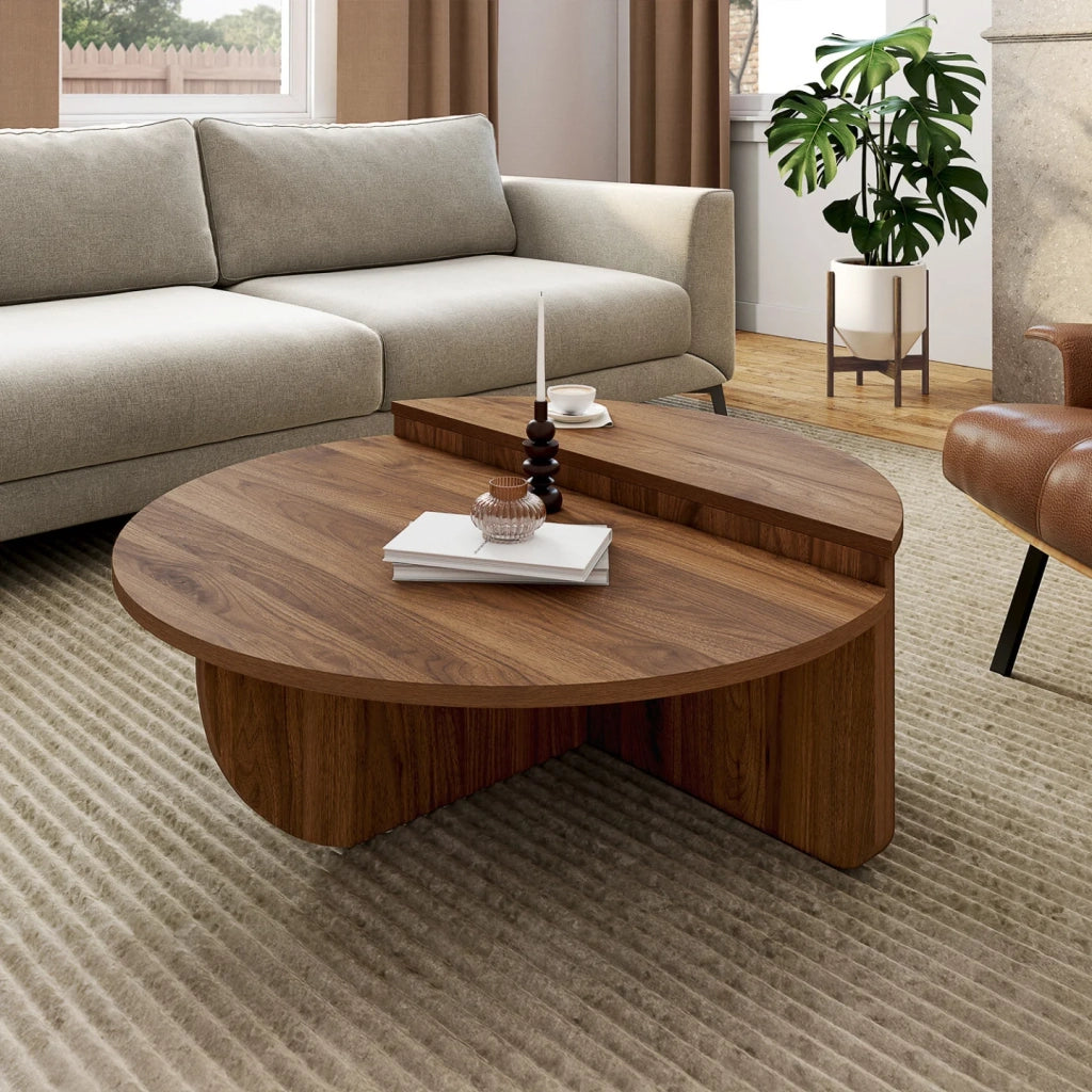 IDMarket - Set di 2 tavolini rotondi asimmetrici effetto noce GUILIA 90 cm