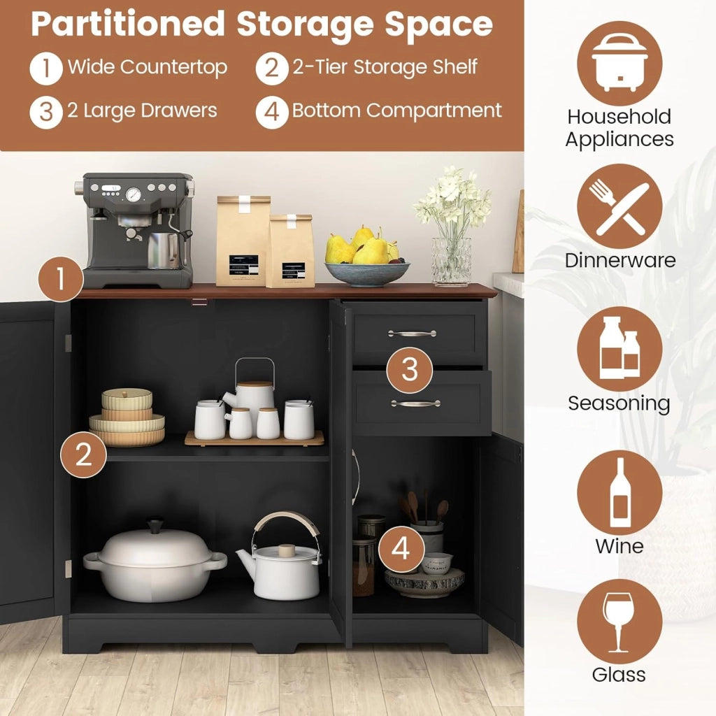 Madia Soggiorno Moderna, Credenza Cucina Isola, Armadietto a Buffet con 2 Cassetti e Ripiano Regolabile,Mobiletto Armadietto Multiuso per Soggiorno, Cucina, Ufficio，100x40x78 cm (Nero)