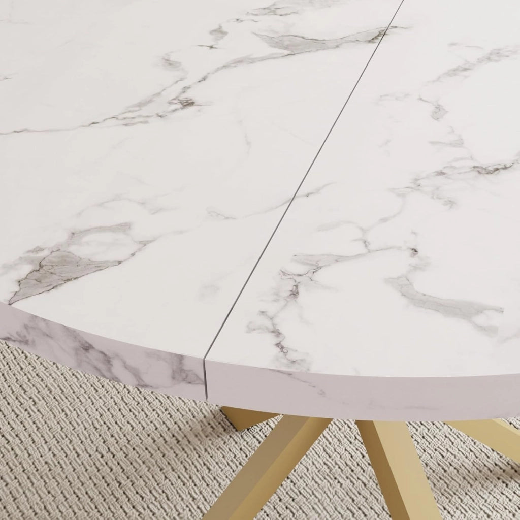 GrandCA HOME Set Tavolo e Sedie da Pranzo, 4 Sedie da Pranzo in Pelle Tecnica Marrone Chiaro e un Tavolo da Pranzo Rotondo Moderno da 100 cm, adatti per Cucina e Soggiorno (Marmo Bianco 1)