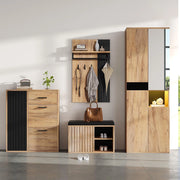Set vestiario a muro 4 pezzi - Xylo - armadio, scarpiere, panchina, appendiabiti, 215x36x190 cm, naturale e nero