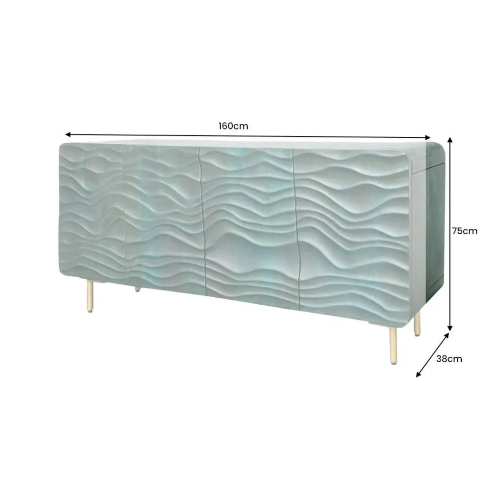 Buffet ONDARA 160 cm – Legno Massiccio Verde Scolpito – Piedi Dorati – Design Contemporaneo