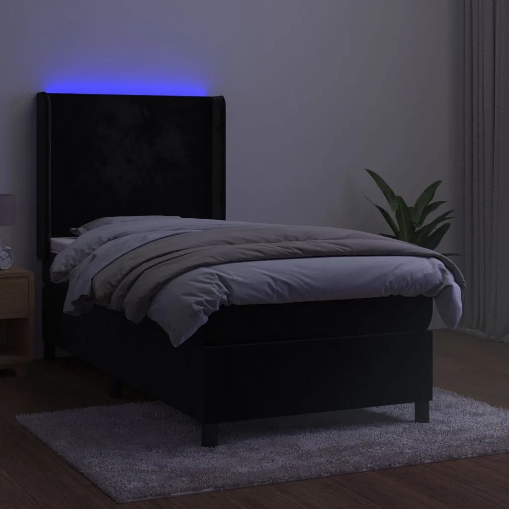 Letto singolo | Letto per adulti | Letto a Molle con Materasso e LED Nero 90x190 cm in Velluto