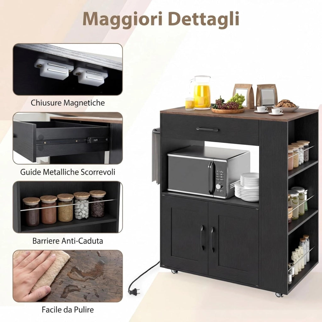 Carrello da Cucina con Ruote, Isola da Cucina con 3 Portaspezie 1 Cassetto Armadietto a 2 Porte, Carrello Portaoggetti con Portasciugamani,82x46x92 cm (Nero, con presa)