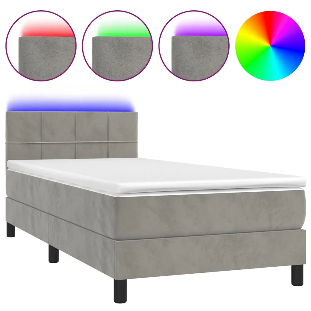 Letto a Molle con Materasso e LED Grigio Chiaro 100x200 cm Velluto