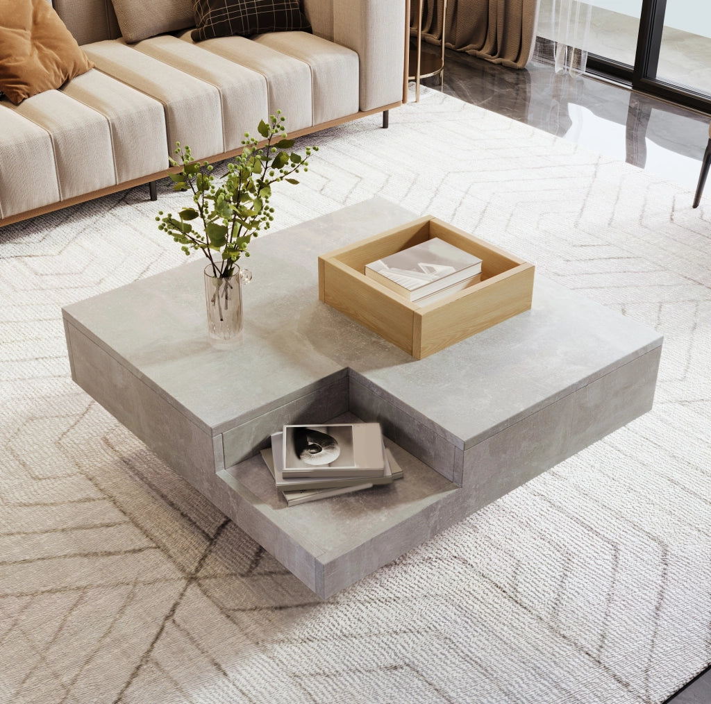 Tavolino da caffè 72x72x30 cm con box contenitore estraibile; grigio cemento e legno
