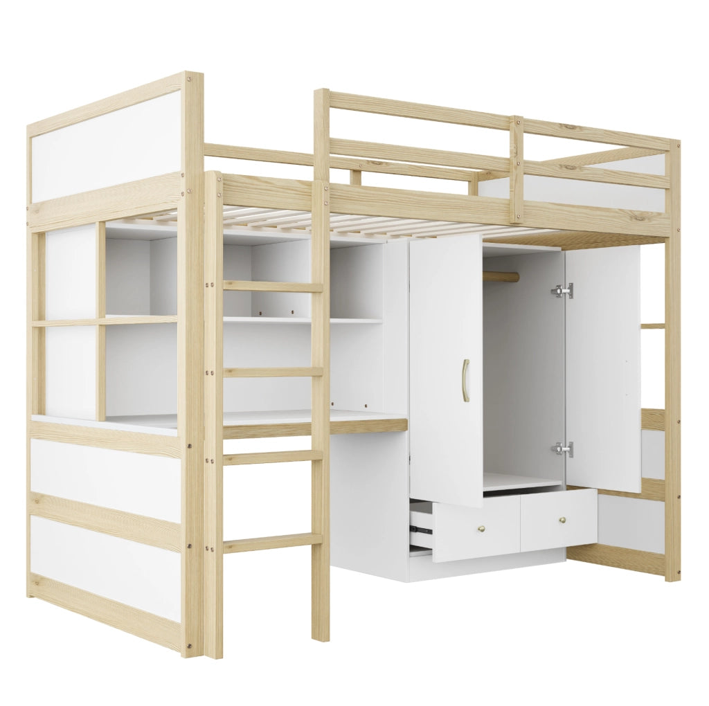 Letto a soppalco 90x200 cm con scrivania, armadio e cassetti
