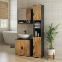 kleankin Mobile Colonna Armadio Bagno, 2 Porte, Ripiano Regolabile, 2 Nicchie, 30 x 30 x 183 cm, Rovere e Grigio Scuro