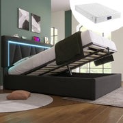 Letto imbottito 140x200 grigio con materasso H3, LED, USB-C e vano contenitore