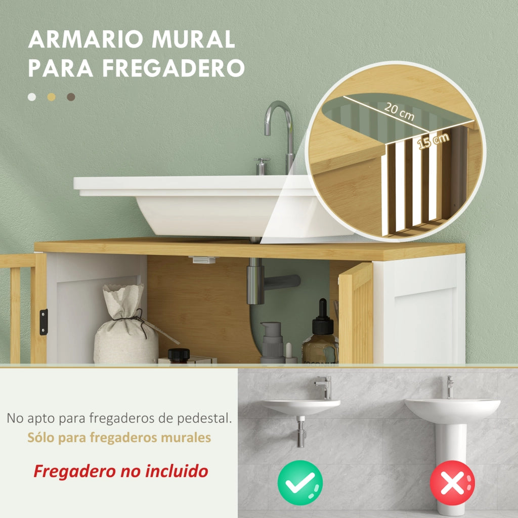 Mobiletto Sottolavabo in Bamb¨´ con Ante e Ripiano Aggiustabile ¨C Zephmum ¨C 60x30x70 cm Bianco Naturale