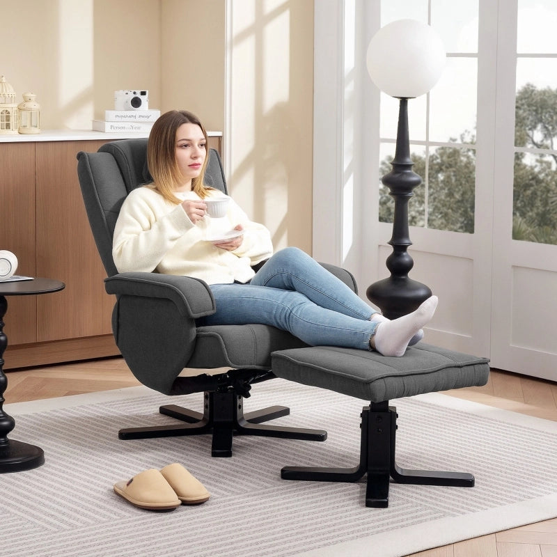 Poltrona relax reclinabile girevole 360° con pouf, funzione dondolo, tessuto effetto velluto, grigio scuro