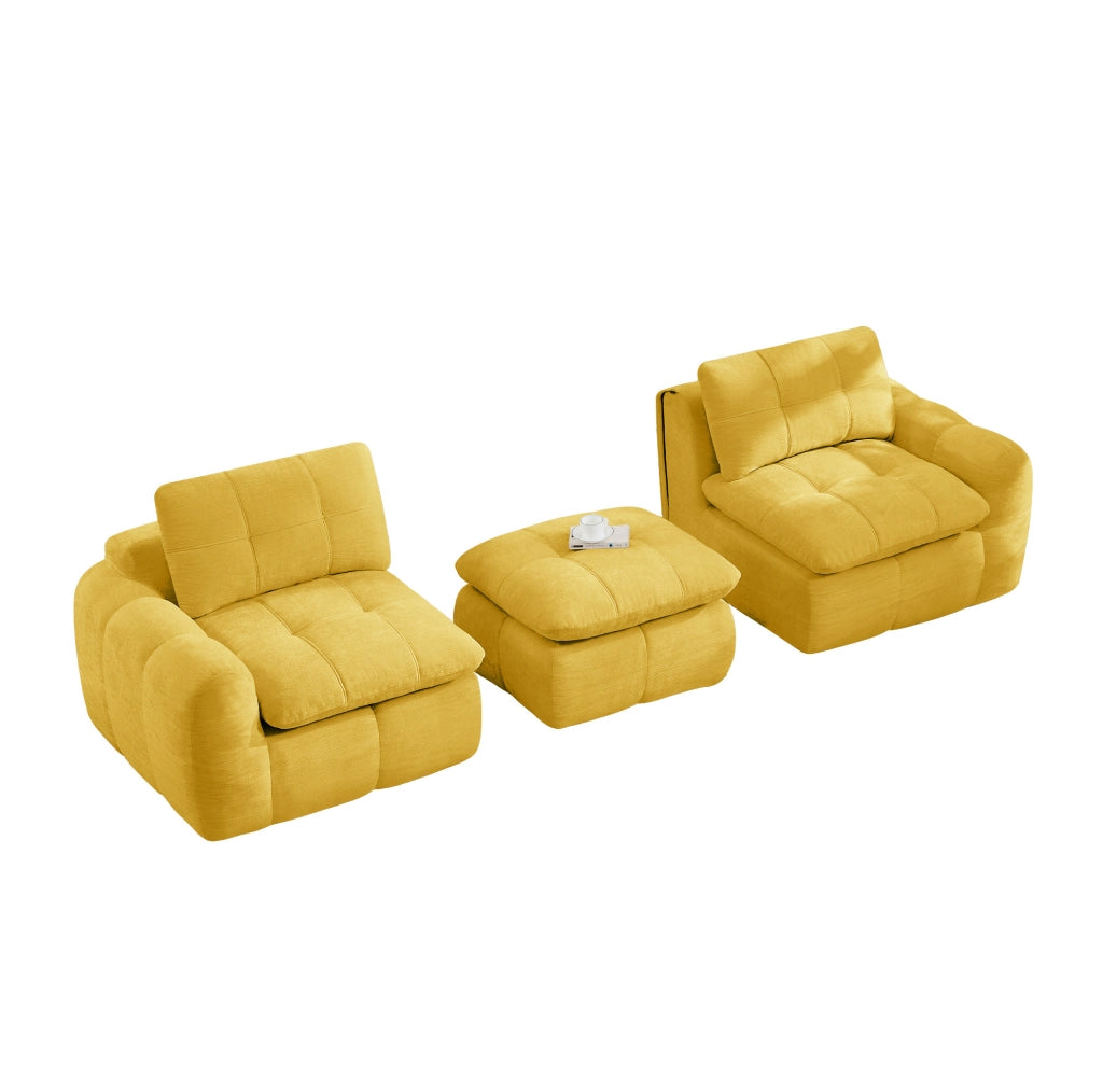 Divano modulare angolare 194x160 cm giallo in ciniglia con pouf