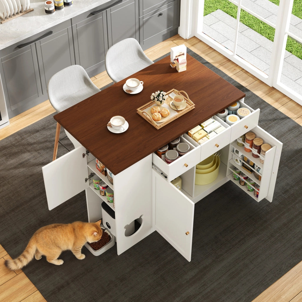 MOBILE CUCINA con piano estraibile e area gatto 120x40(70)x90 cm Bianco/Noce MDF