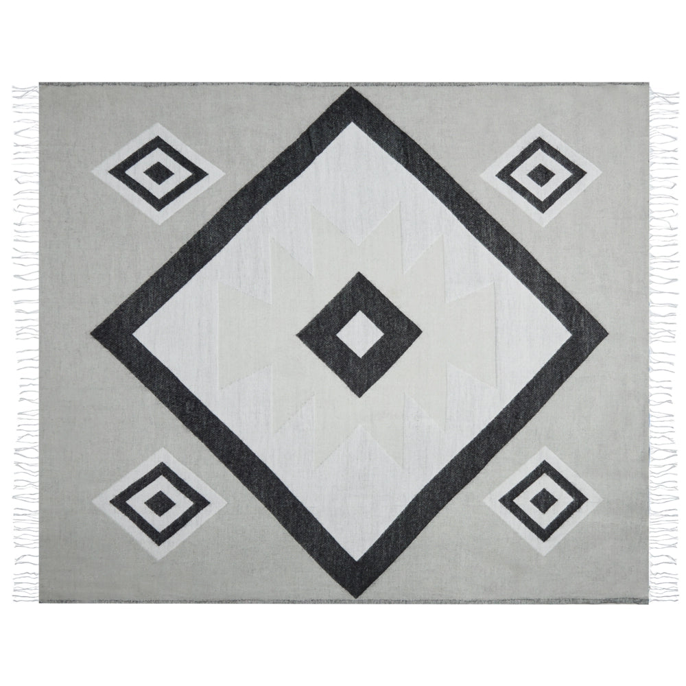 Coperta in acrilico grigio nero bianco 130 x 170 cm copriletto motivo geometrico con frange soggiorno camera da letto