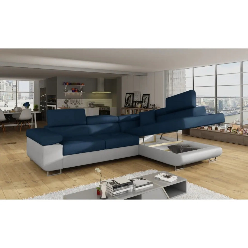 Divano ad angolo convertibile MENTON blu oceano e bianco – Angolo destro con contenitore