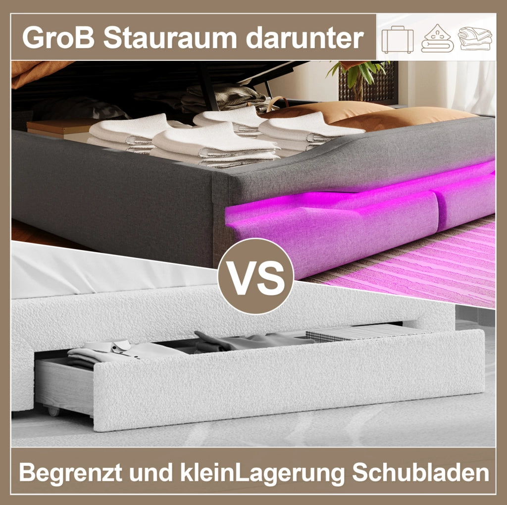 Letto imbottito con contenitore, illuminazione LED e presa di ricarica