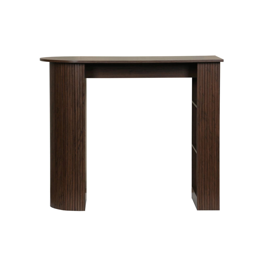 Tavolo alto da cucina decorato in legno con ripostigli, noce