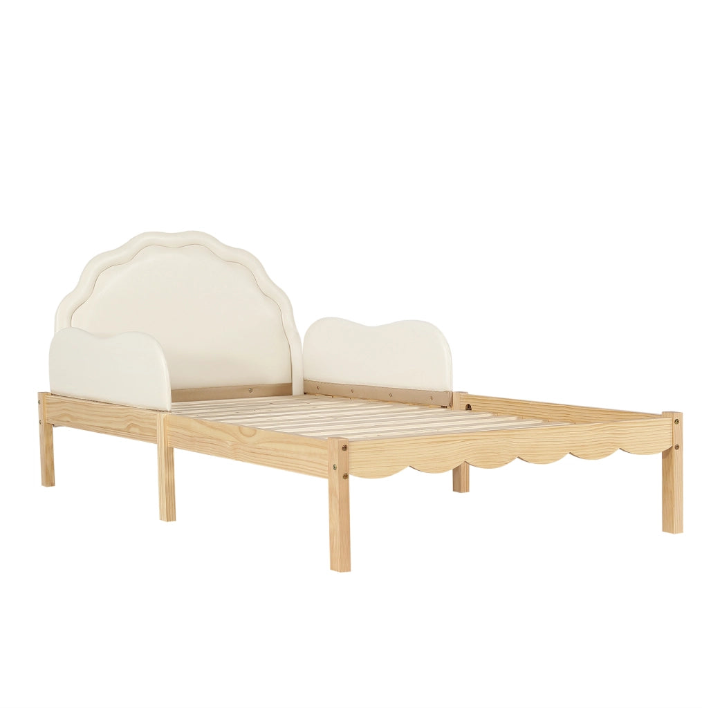 Letto imbottito 90x200 cm con testiera in PU e spondine laterali; legno beige naturale