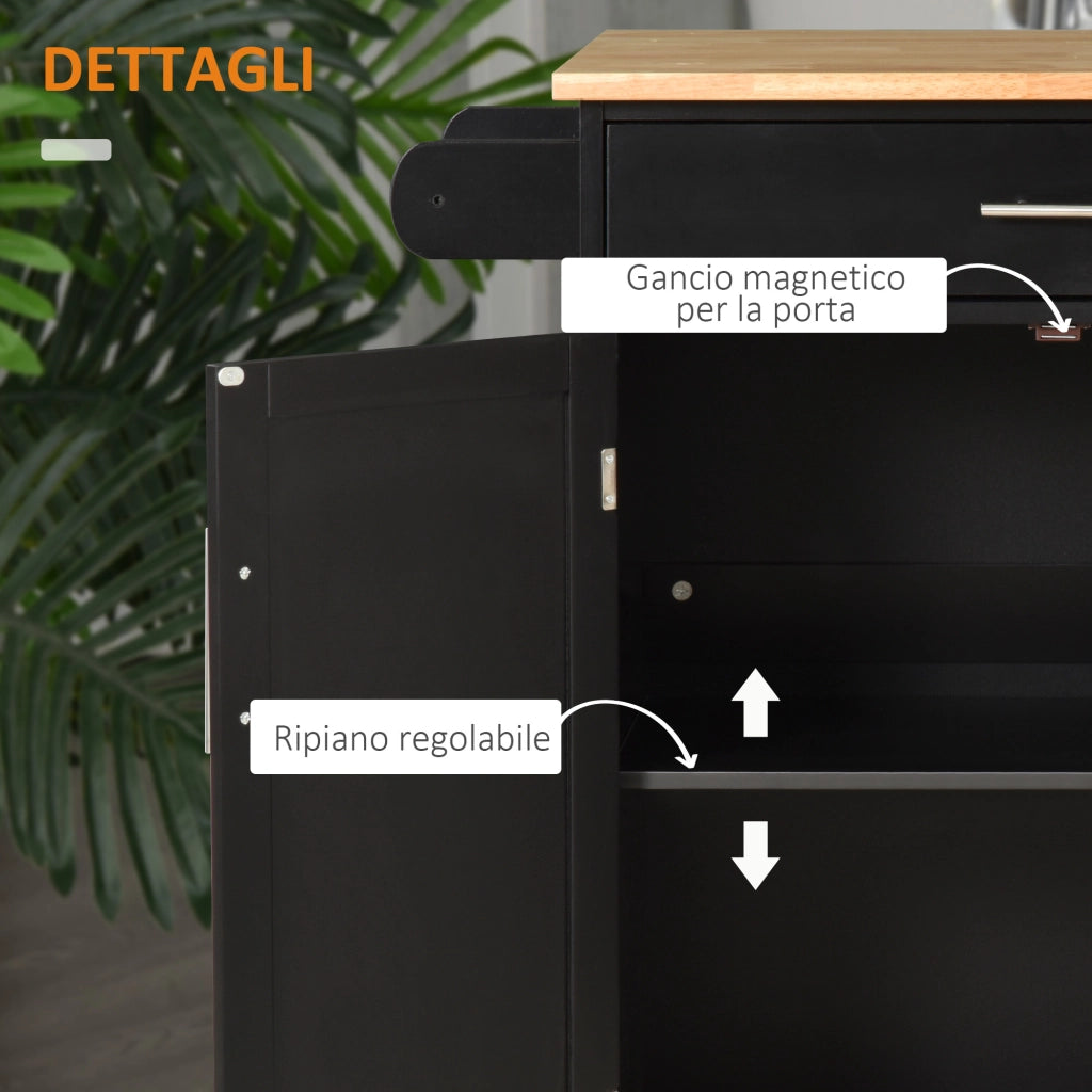 Carrello da Cucina con Cassetto e Armadietto 2 Ante, Ruote e Barra Laterale, 83x45x91.5cm, Nero