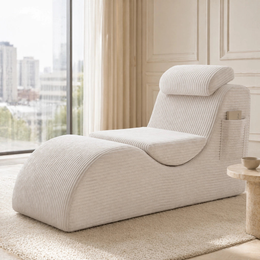 Poltrona ergonomica in velluto a coste con cuscino removibile e tasca laterale; beige; 160x66x90 cm