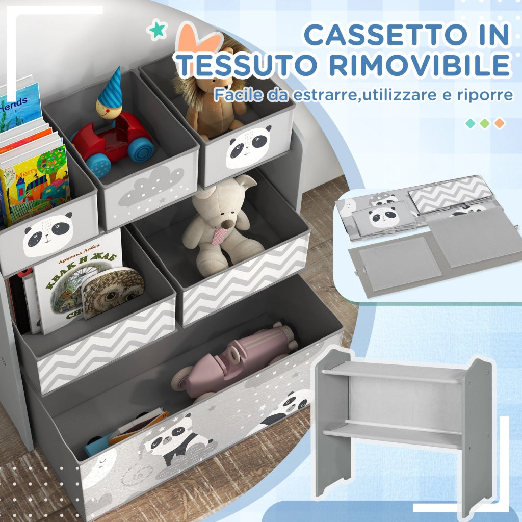 Scaffale Portagiochi con 6 Contenitori in Tessuto 63x30x66cm Grigio