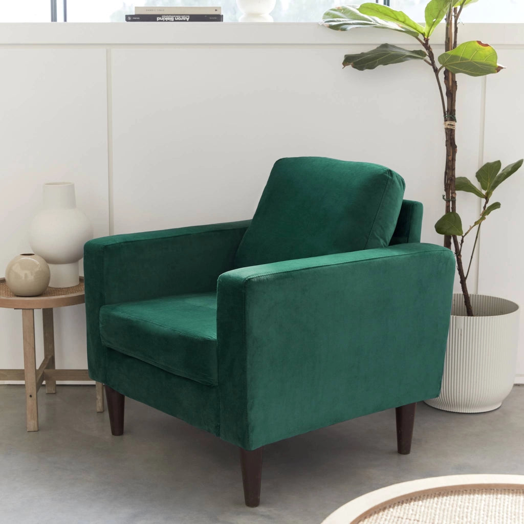 Poltrona scandinava in legno e velluto, verde inglese