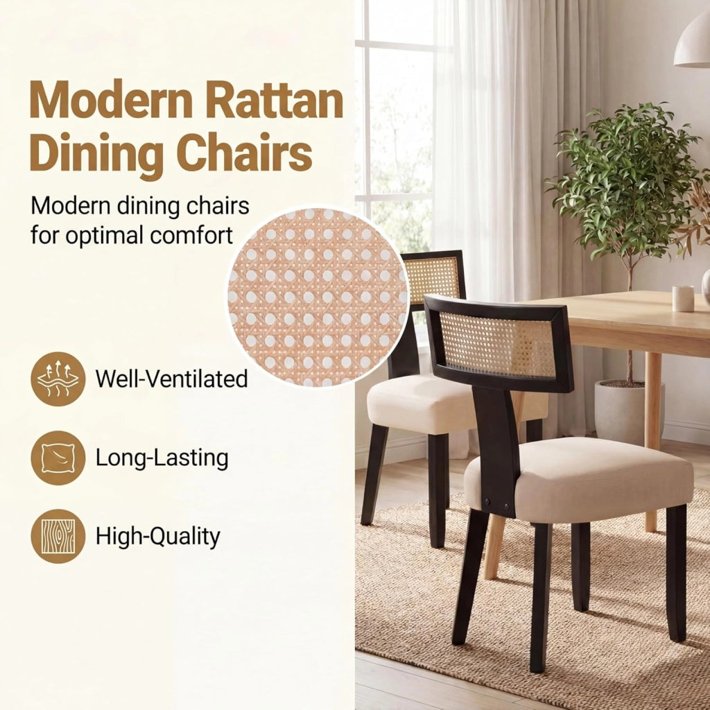 Sedia da Pranzo Imbottita, Sedia da Cucina con Sedile in Tessuto Lino e Schienale Curvo in Rattan, Portata 180 kg, Sgabello Moderno per Soggiorno e Sala da Pranzo, 56x55,5x92,5 cm (Nero)