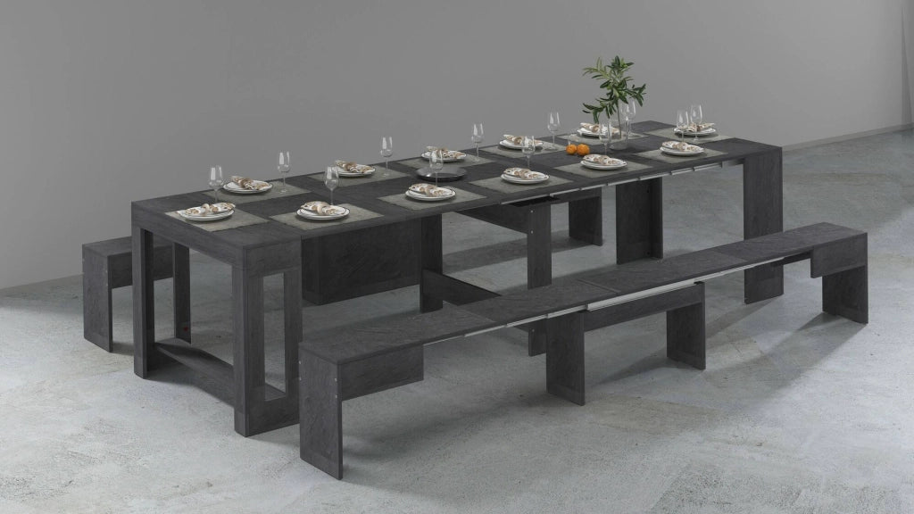 Set tavolo e sedie Auditore, Composizione multiuso, Set con consolle e 2 panche allungabili, 100% Made in Italy, 66x25h45 cm, Ardesia
