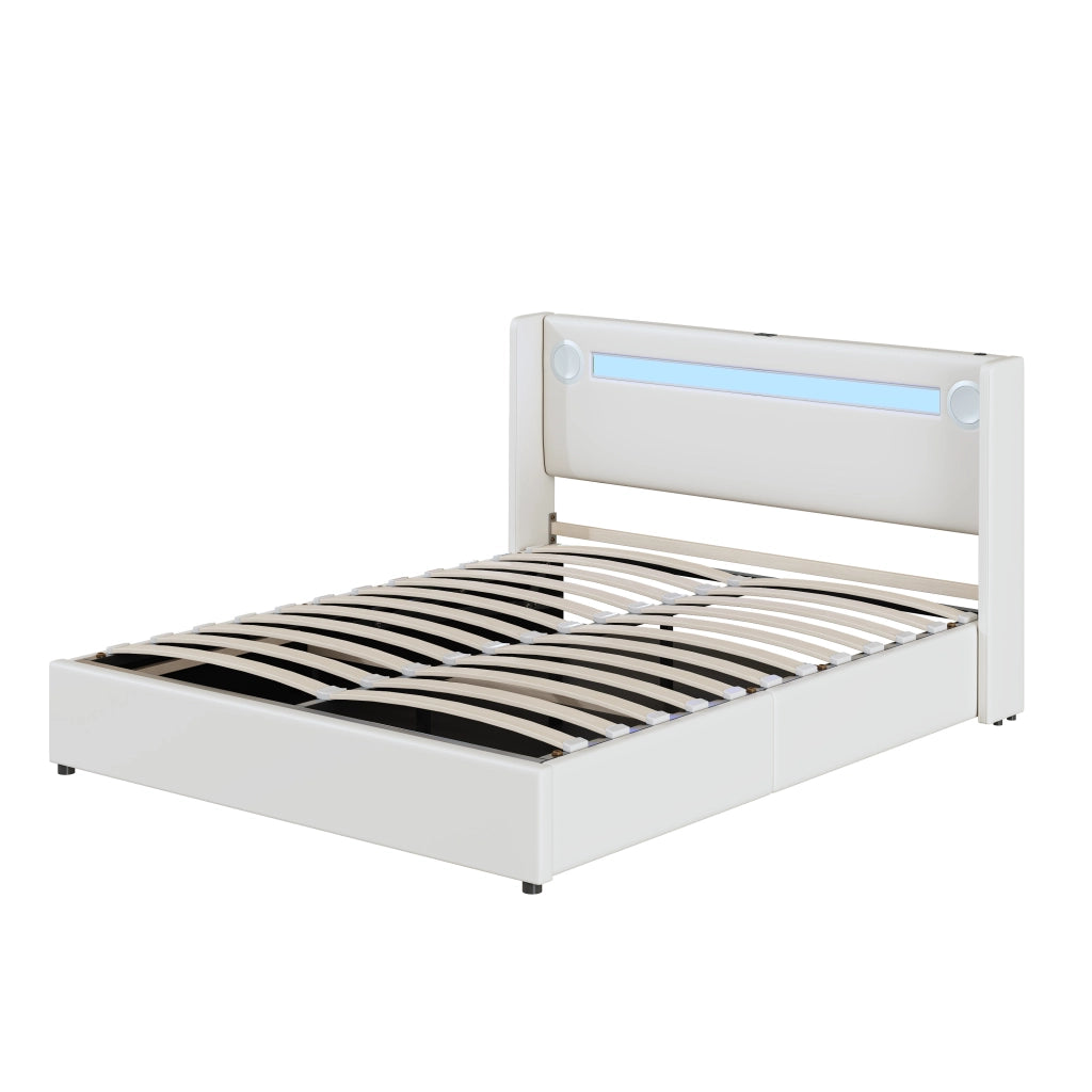OKWISH Letto Contenitore 160×200 cm, Letto Matrimoniale con LED, Bluetooth, USB e Tipo C, senza Materasso, in Ecopelle, Bianco