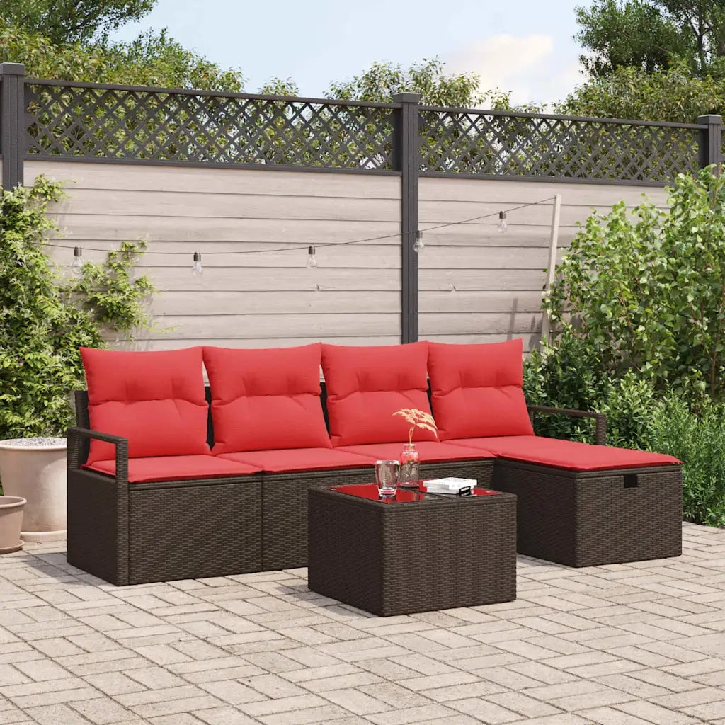Set di divani con cuscino 6 pcs Marrone e Rosso polyrattan