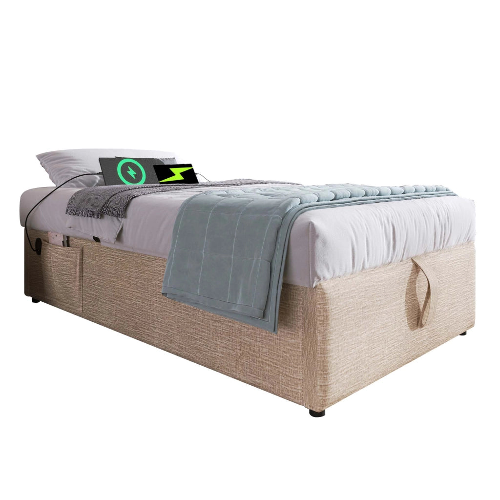 Letto imbottito 90x200 cm con contenitore, USB Type-C, base in legno massello, senza testiera