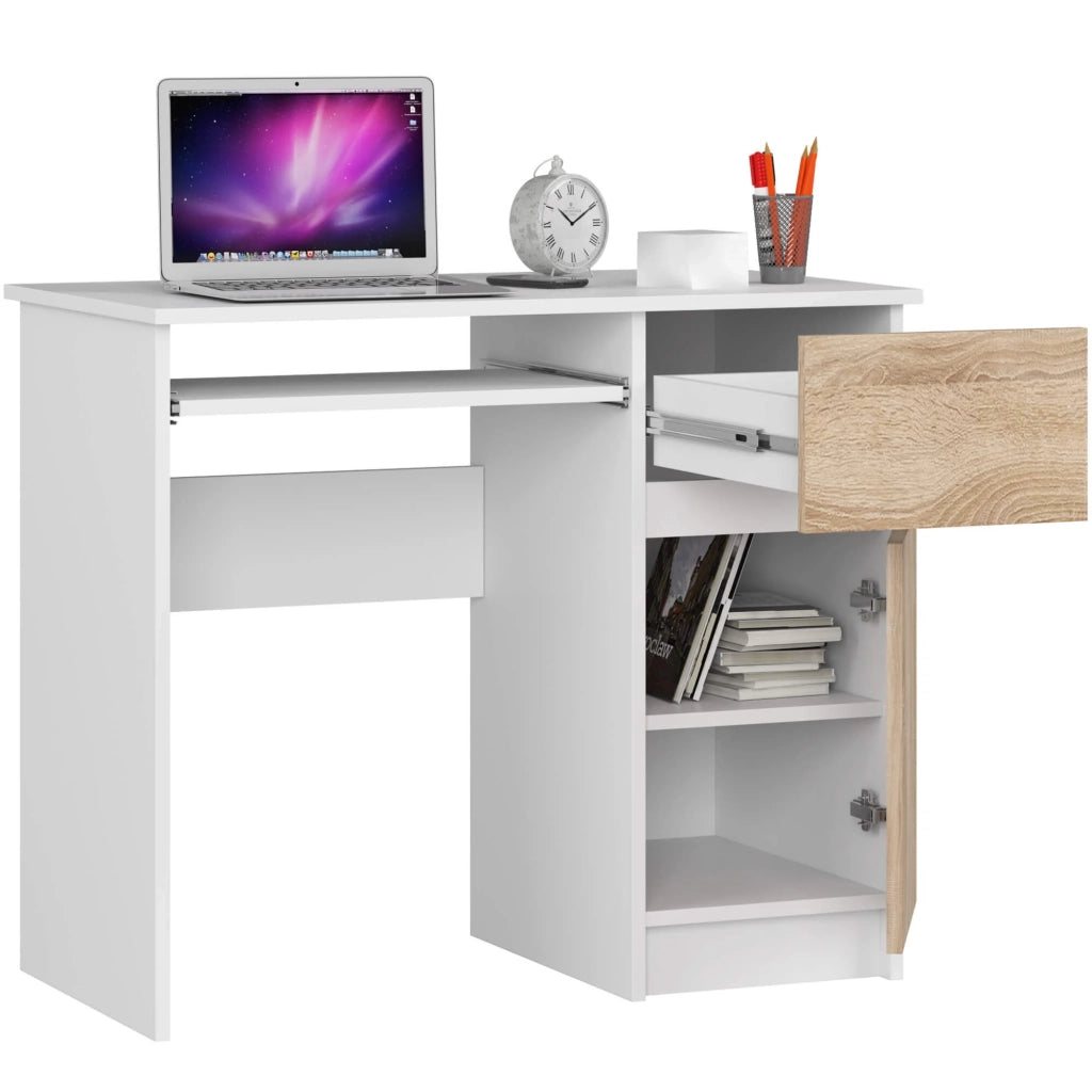 Scrivania per computer AKORD PIKSEL Bianco 90 cm 1 anta 1 cassetto inserto frontale Sonoma Quercia 90x50x77 cm Modello a destra