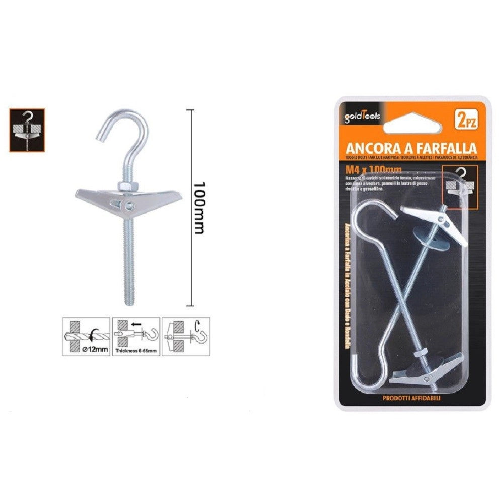 Trade Shop - Set 2pz Ancora A Farfalla Con Gancio In Acciaio Con Dado Rondella M4x100mm 57228 -