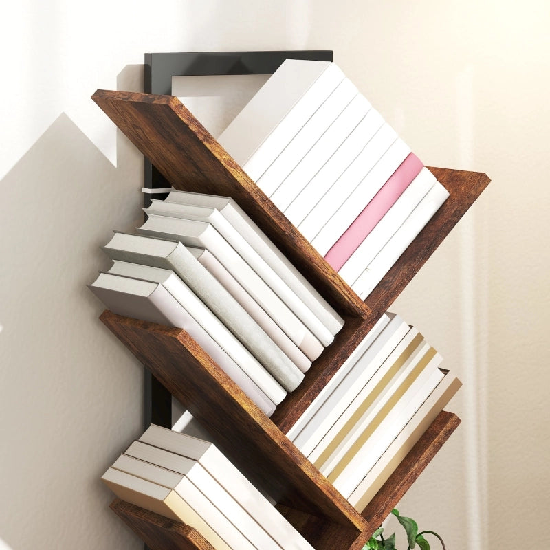 Libreria a forma di albero con 9 ripiani, struttura slim in legno, colore Rustic Brown