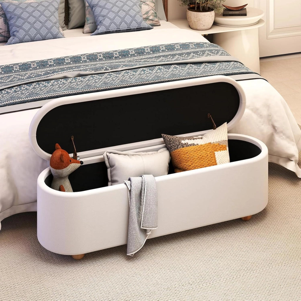 Panca Contenitore, Poggiapiedi Imbottito 139 cm con Coperchio Ribaltabile, Gambe in Legno, Panca Ottomana per Camera da Letto, Soggiorno, Portata 300 kg, Beige