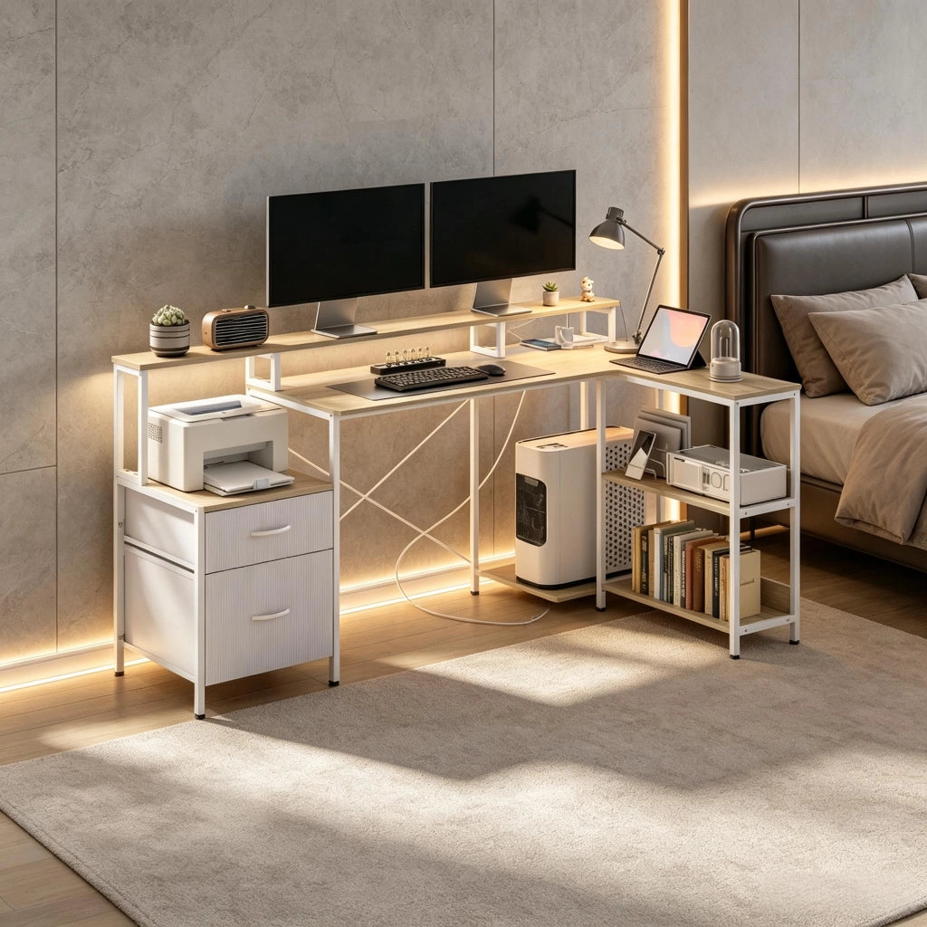 SCRIVANIA Angolare 172x100 cm con LED RGB e 2 Cassetti Bianco